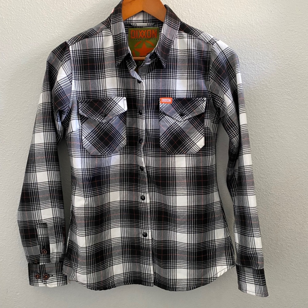 Dixxon Flannel Co Arthur Black White Orange Plaid D-Tech Shirt Womens Small
